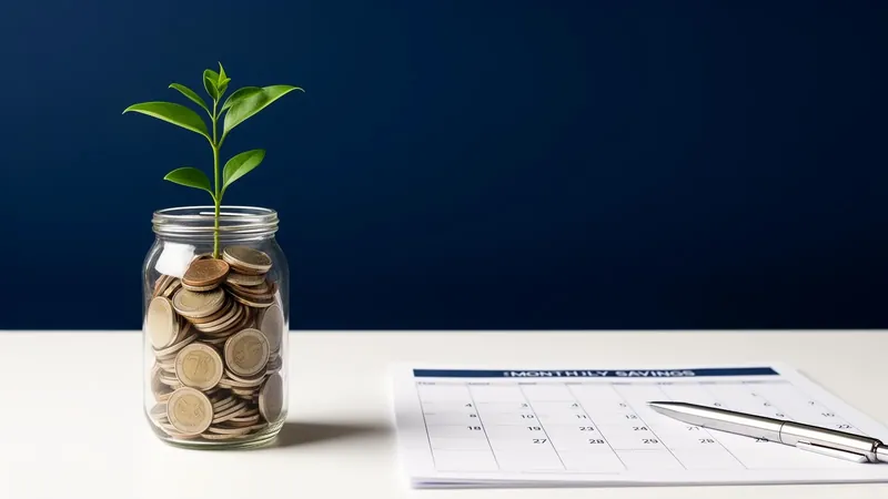 Mønter i et glas med en spirende plante og en spareplan