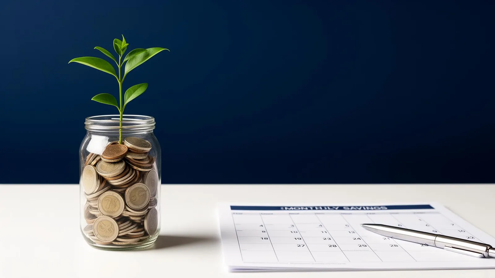 Mønter i et glas med en spirende plante og en spareplan
